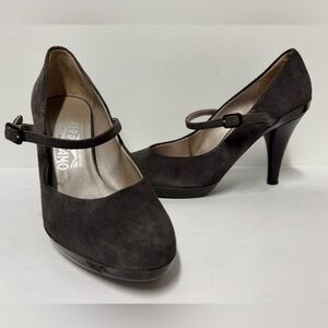 SALVATORE FERRAGAMO Mary Jane Buckle Ash Brown Suede Heels Women’s Size 8